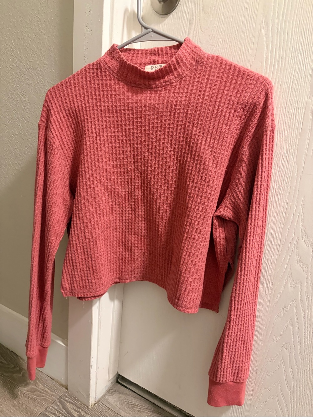 Cropped Waffle Knit Turtleneck Sweater in Rose Pink